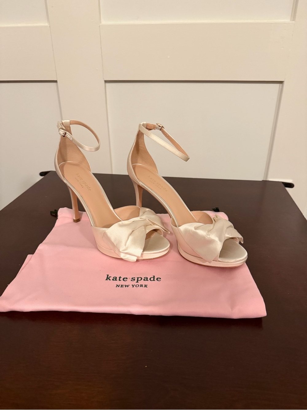 Kate Spade Ivory Satin Knot Ankle-Strap Heels